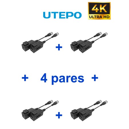 UTEPO UTP101PHD6PAK4 - 4 pares de transceptores pasivos HD, diseño para empalmes ordenados, distancias CVI: 720p a 300m, 1080...