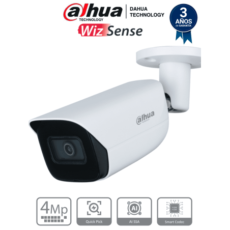 DAHUA IPC-HFW3441E-S-S2 - Camara IP Bullet de 4 Megapixeles con IA/ WizSense/ Lente de 2.8mm/ 107 Grados de Apertura/ Microfo...