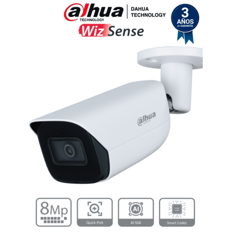 DAHUA IPC-HFW3841E-AS-S2 - Camara IP Bullet de 8 Megapixeles con IA/ WizSense/ Lente de 2.8 mm/ 107 Grados de Apertura/ H.265...