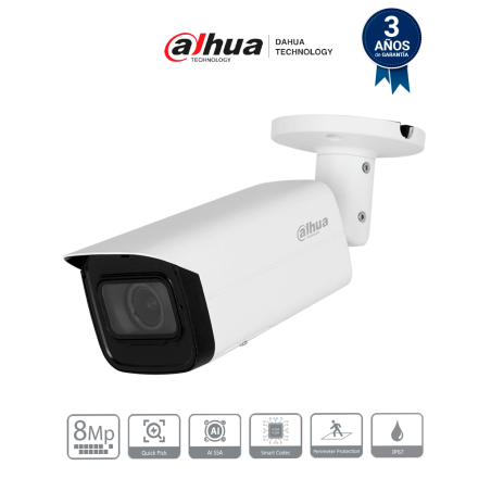 DAHUA IPC-HFW3841T-ZAS-S2 Cámara IP Bullet 4K de 8 MP, lente motorizado 2.7-13.5 mm, ángulo 109°, IR 60m, IA WizSense, Detecc...