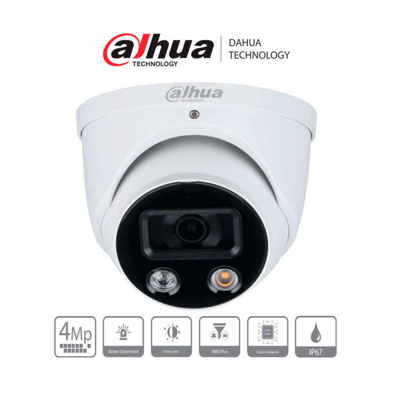 DAHUA DH-IPC-HDW3449H-AS-PV - Camara IP Domo TiOC de 4 Megapixeles/ WizSense/ Lente de 2.8 mm/ Angulo de 101 Grados/ Iluminad...
