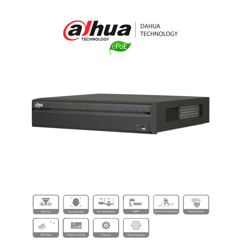 DAHUA NVR5208-8P-4KS2E - NVR 8 Canales IP 4K / H265+ / Rendimiento 320  Mbps / 8 Puertos tecnologia E PoE hasta 800M /  PoE /...