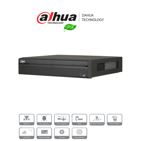 DAHUA NVR5208-8P-4KS2E - NVR 8 Canales IP 4K / H265+ / Rendimiento 320  Mbps / 8 Puertos tecnologia E PoE hasta 800M /  PoE /...