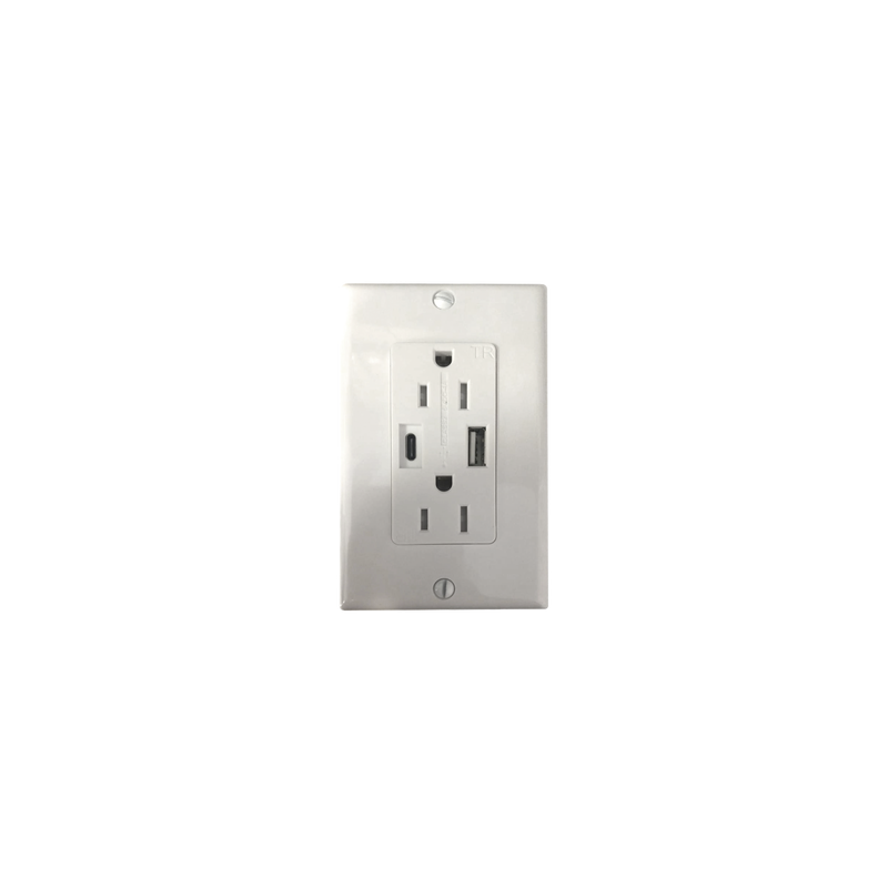 Contacto Dúplex con puertos USB Tipo A y C, 15 A, 100 - 240 V, USB 5 V, Incluye la Placa.
