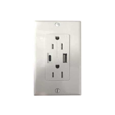 Contacto Dúplex con puertos USB Tipo A y C, 15 A, 100 - 240 V, USB 5 V, Incluye la Placa.