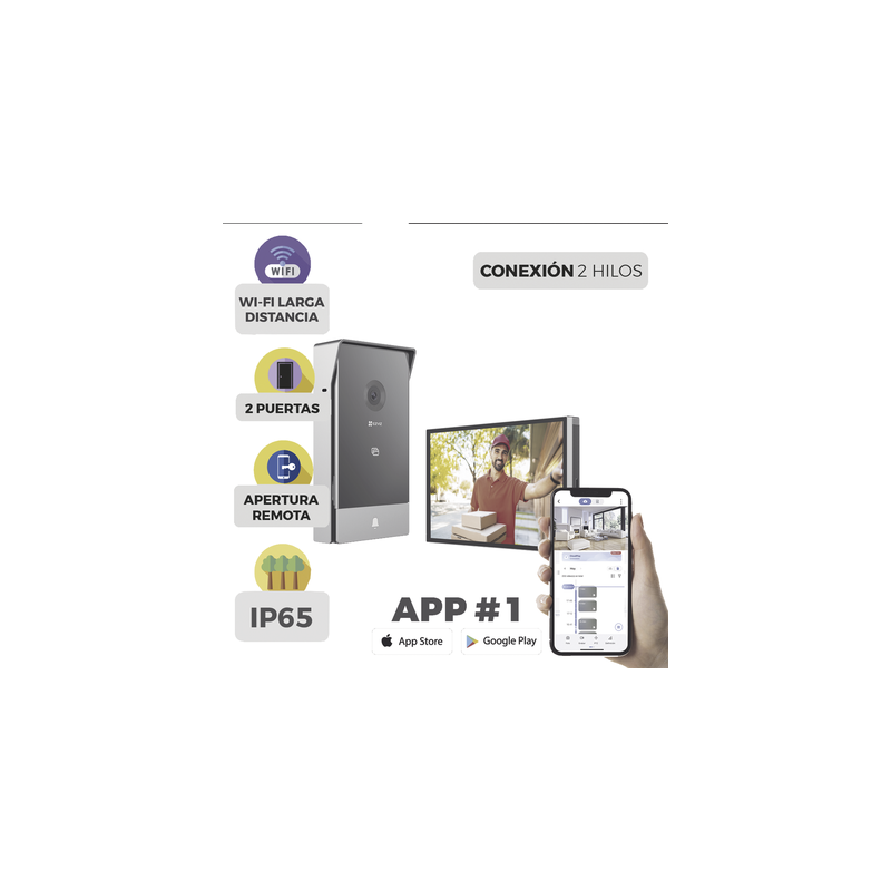 Videoportero IP Conexión a 2 Hilos / Con Monitor Wi-Fi para Interior / Frente de Calle  IP65 Uso En Exterior Debe Tener Prote...