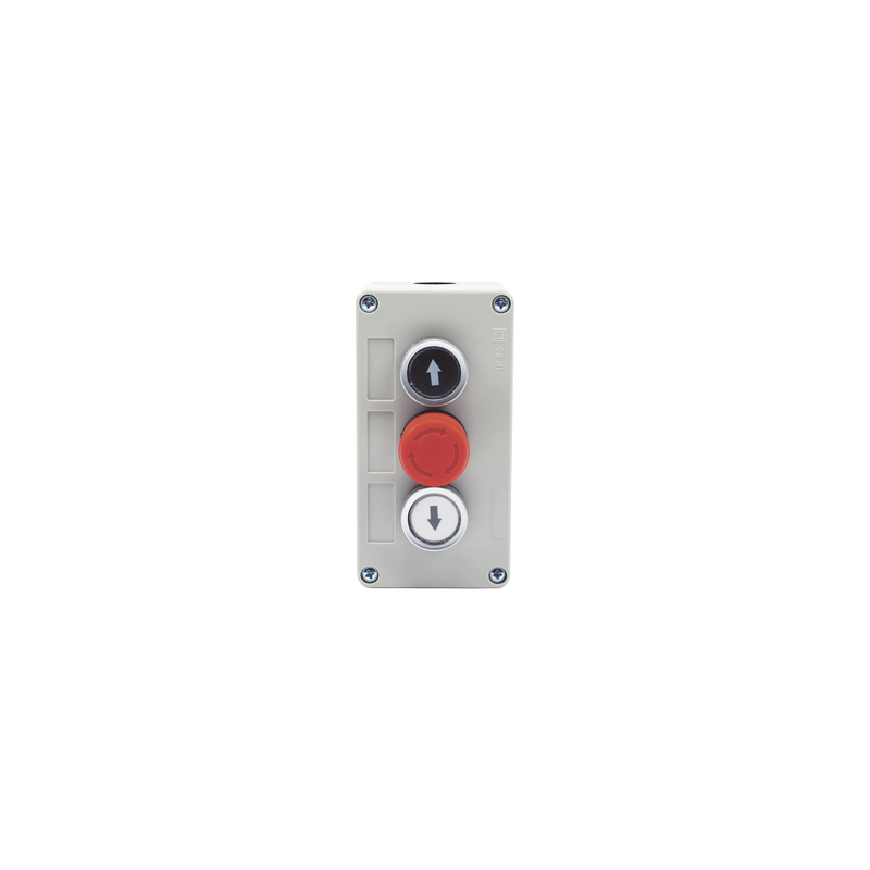 Botonera Triple con Boton de Stop Tipo Enclavado / Para Barreras Vehiculares, Operadores Corredizos y Abatibles.