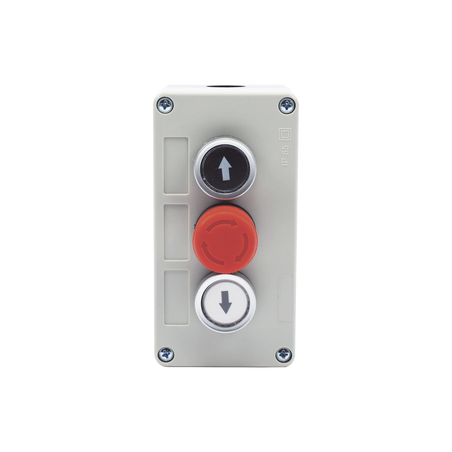 Botonera Triple con Boton de Stop Tipo Enclavado / Para Barreras Vehiculares, Operadores Corredizos y Abatibles.