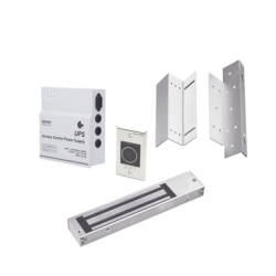 Kit para control de acceso incluye Fuente de 12VCD con respaldo de batería/ Chapa magnética de 600Lbs / Montajes L y Z / Botó...