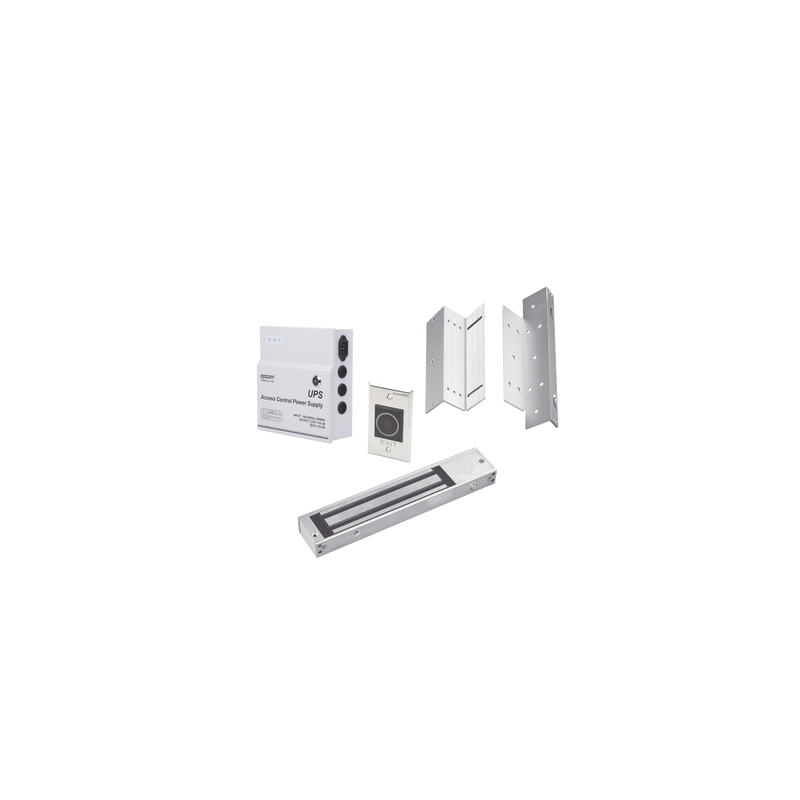 Kit para control de acceso incluye Fuente de 12VCD con respaldo de batería/ Chapa magnética de 600Lbs / Montajes L y Z / Botó...