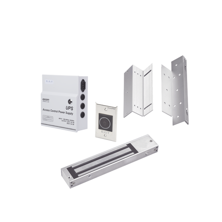 Kit para control de acceso incluye Fuente de 12VCD con respaldo de batería/ Chapa magnética de 600Lbs / Montajes L y Z / Botó...