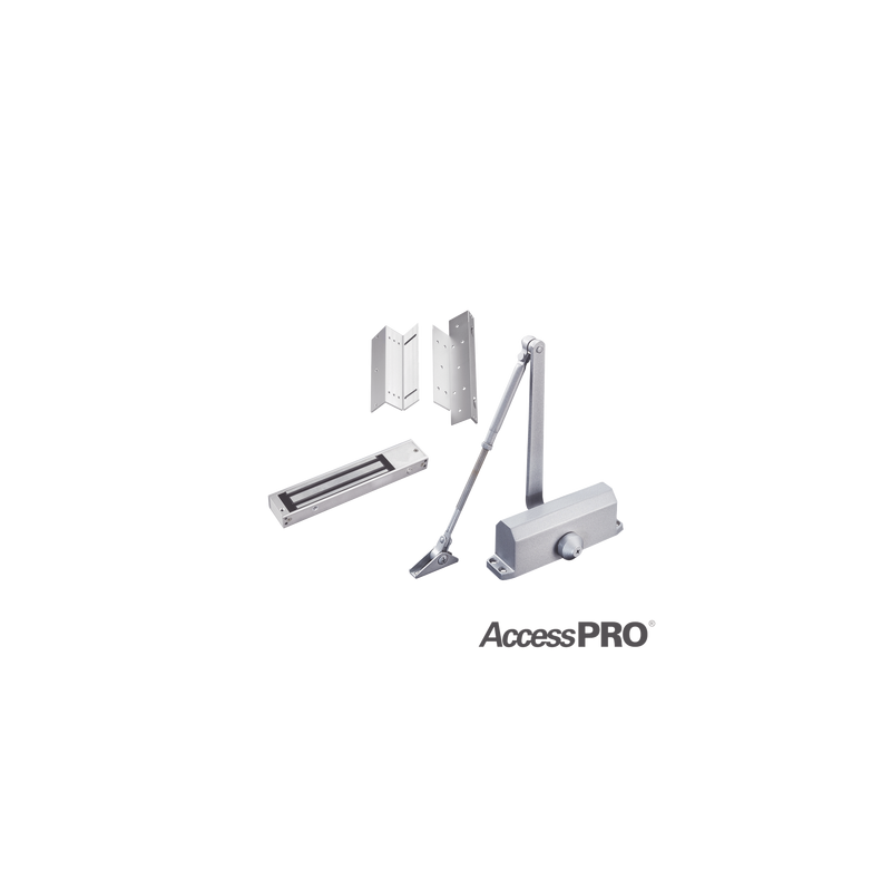 Kit para control de acceso incluye Chapa magnética de 600Lbs / Montajes L y Z / Cierra puerta para 45-65Kg.