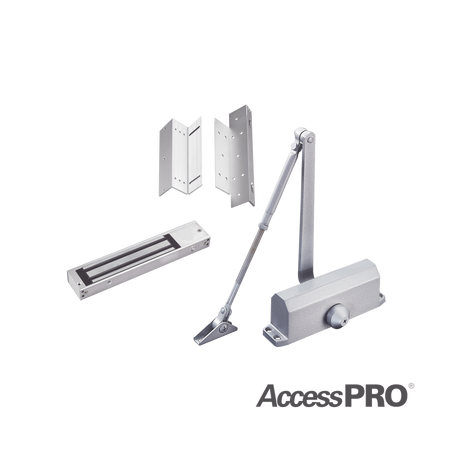Kit para control de acceso incluye Chapa magnética de 600Lbs / Montajes L y Z / Cierra puerta para 45-65Kg.