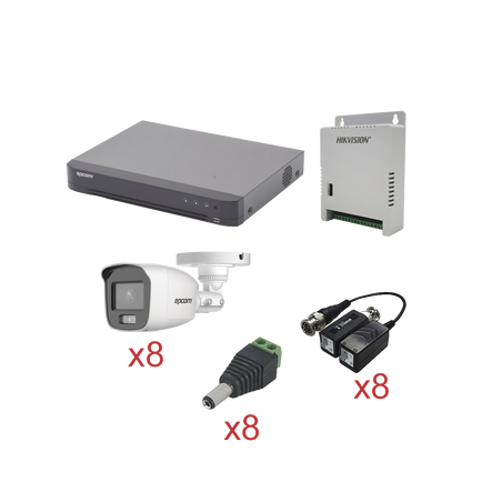 KIT TurboHD con Audio 1080p / DVR 8 Canales / 8 Cámaras Bala (exterior 2.8 mm) / Transceptores / Conectores / Fuente de Poder...