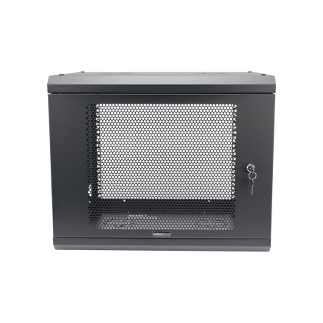 Gabinete de Pared de 9U con Puerta Perforada, 455 mm de Profundidad, Rack de 19'', Acero Reforzado Color Negro.