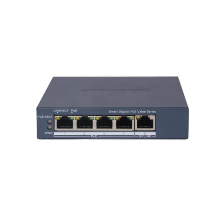 Switch Gigabit PoE+ / Monitoreable / 4 Puertos 1000 Mbps PoE+ / 1 Puerto 1000 Mbps Uplink / Configuración Nube Hik-PartnerPro...