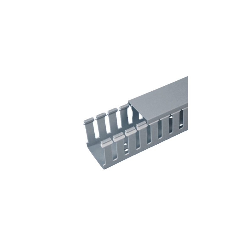 Canaleta Ranurada de PVC con Tapa, Tipo F, 82.6 mm de Ancho, 79.2 mm de Alto y 2 m de Largo, Color Gris